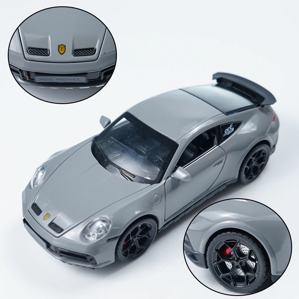 1:22 Scale High-Grade Gray 911 Alloy Die-Cast Pull-Back Car Model Toy Car Collectible Decoration Ornament Boys' Birthday Christmas Gift