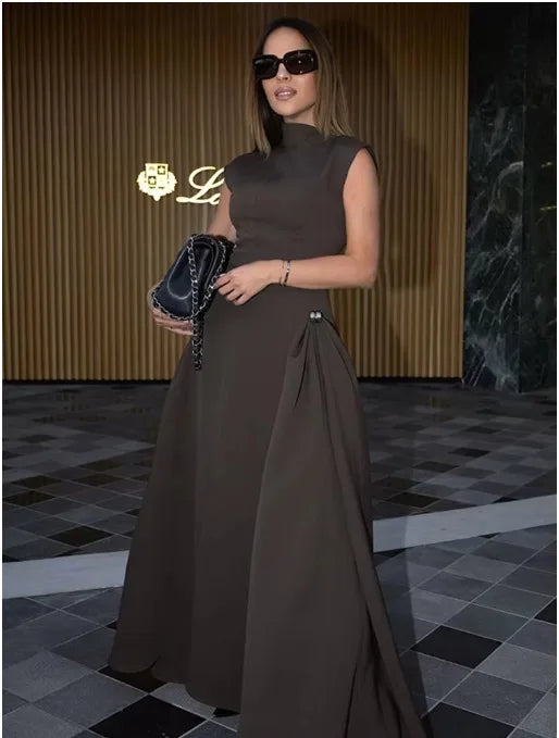 Vintage Brown Long Dress Women's Elegant Loose Diagonal Neck Black Metal Buckle Maxi Dresses Female 2025 Summer Evening Party