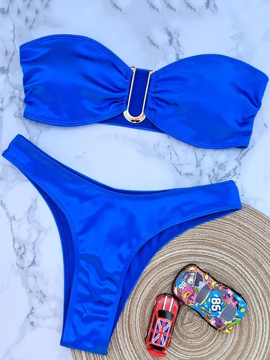 Shiny Bandeau Bikinis 2025 Strapless Bikini Female Swimsuit Women Swimwear Two-pieces Bikini Set High Cut Bathing Suit Swim Lady