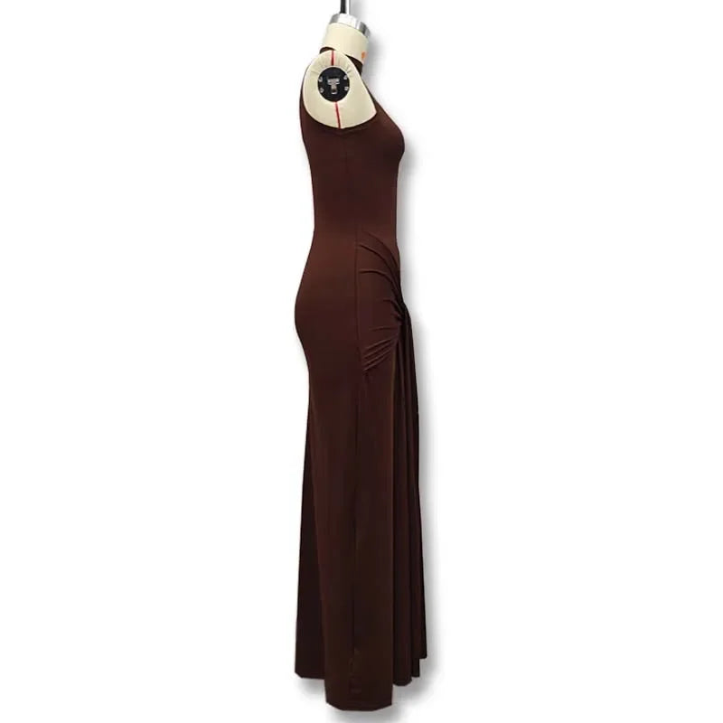 Slim Fit Wrap around Midriff Baring Sleeveless round Neck Dress for Women in Autumn And Winter Pure Color with Belt Detail