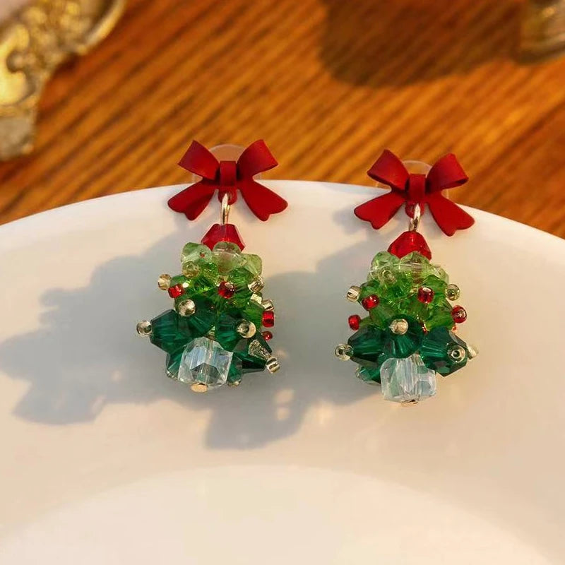 Red Bow Christmas Tree Drop Earrings for Women Silver Plated Needle Girl Party Jewelry New Year Gift