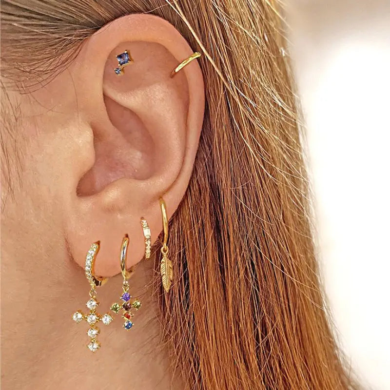Colorful Crystal Earrings 925 Sterling Silver Ear Needle Stud Earrings for Women Cross Dangle Earrings Party Wedding Jewelry