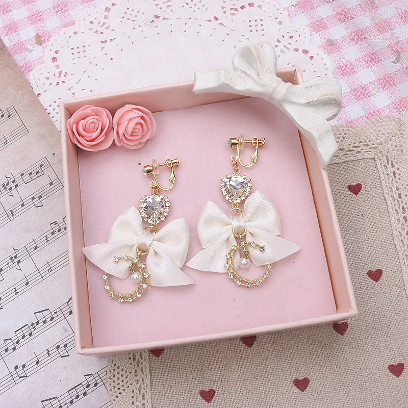 Lo Girl's Earrings Moon Rhinestone Pearl Heart Pendant Fashion Handmade Bow Jiraikei Kawaii Needle Ear Clip Earrings for Women