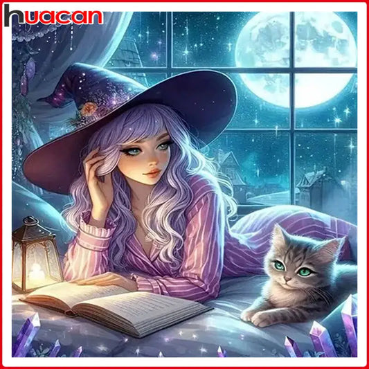 Huacan 5D Girl Cat Diamond Painting Halloween Book Window Moon Full Square Round Drill Diamond Mosaic Decorative Paintings