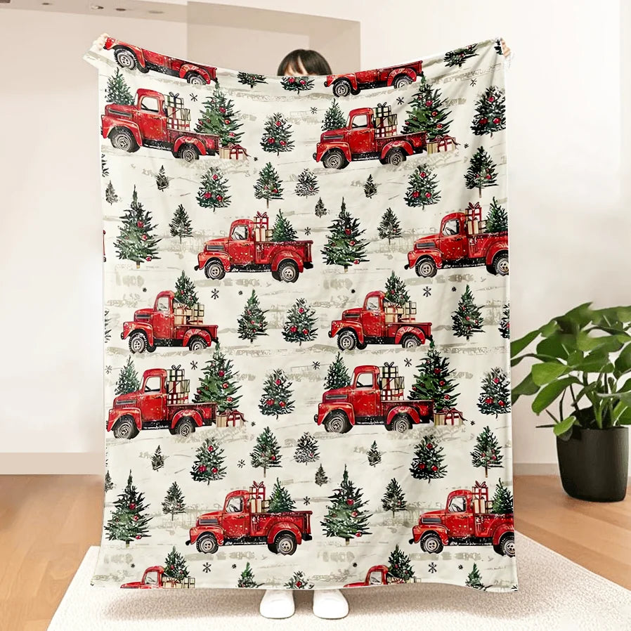 Festive Vintage Red Trucks Christmas Throw Blanket - Classic Trucks & Trees Design, Suitable for Sofa, Bedroom, Christmas Gift
