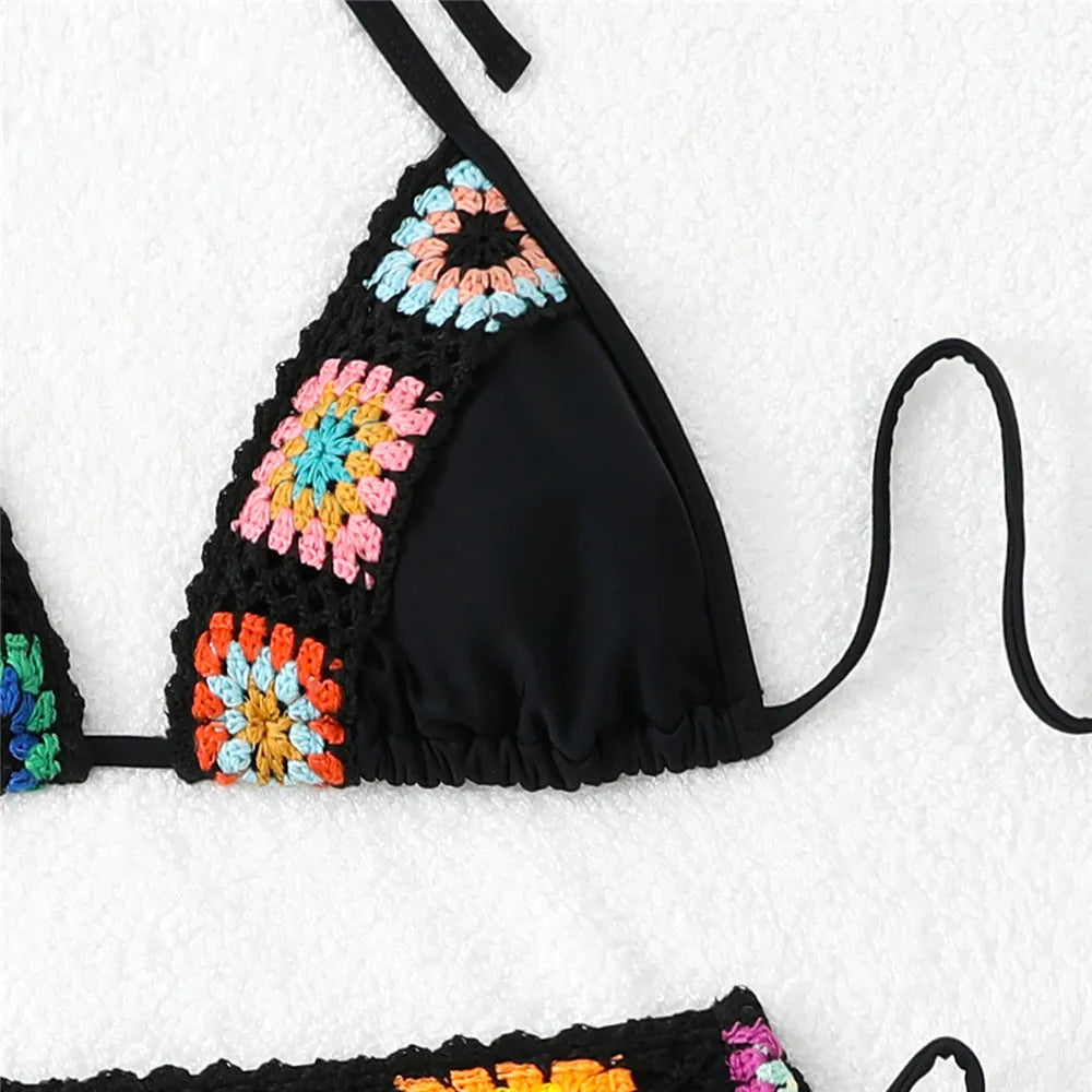 Black Thong Micro Knitted Crochet Bikini 2025 String Halter Swimwear Sexy Swimsuit Women Lace-up Bathing Suit Black Bikinis Sets
