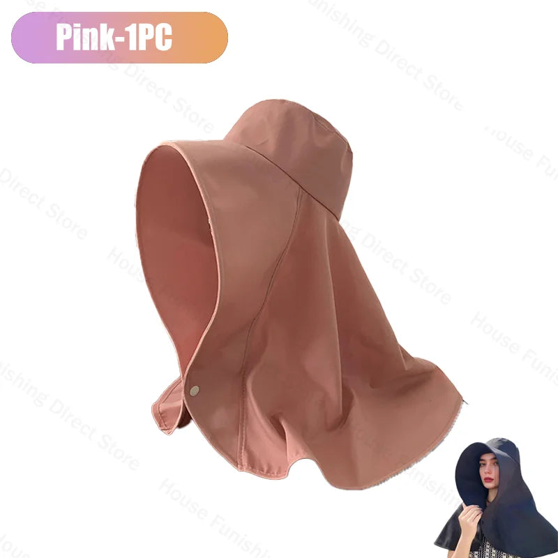 Summer Women Cap Outdoor Uv Anti Neck Protection Sun Visors Hat Fishing Hiking Big Brim Shawl Sunscreen Ponytail Cap Solid Color