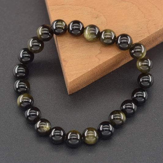 Natural Golden Obsidian Stone Beads Bracelet Men Women Golden Light Rainbow Obsidian Tourmaline Wealth Money Round Jewelry Gift