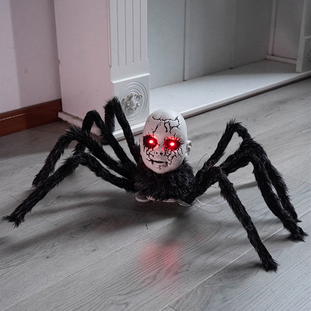 Halloween Animatronic  Face Spider Sound Activated Scary Walking Spider Haunted House Prop Halloween Party Porch Decoration