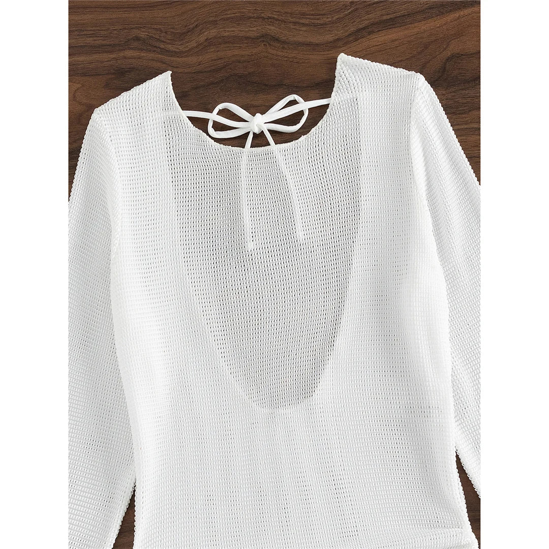 S - XL Long Sleeve Backless Crochet Knitted Tunic Beach Cover Up Cover-ups Beach Dress Beach Wear Beachwear Female Women V5038