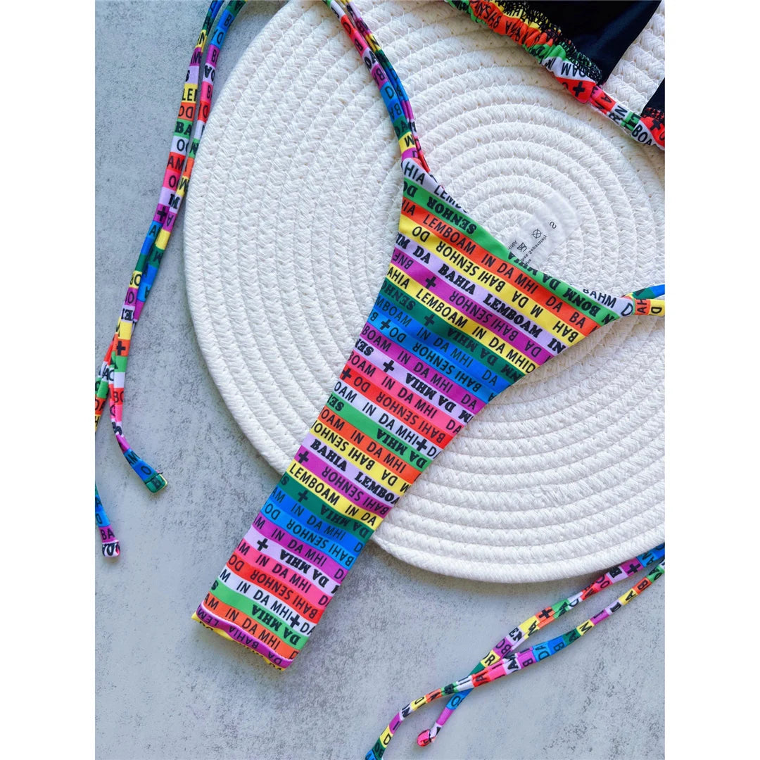 Letters Printed Colorful Mini Thong Bikini Women Swimwear Female Swimsuit Two-pieces Bikini set Bather Bathing Suit Swim V6041