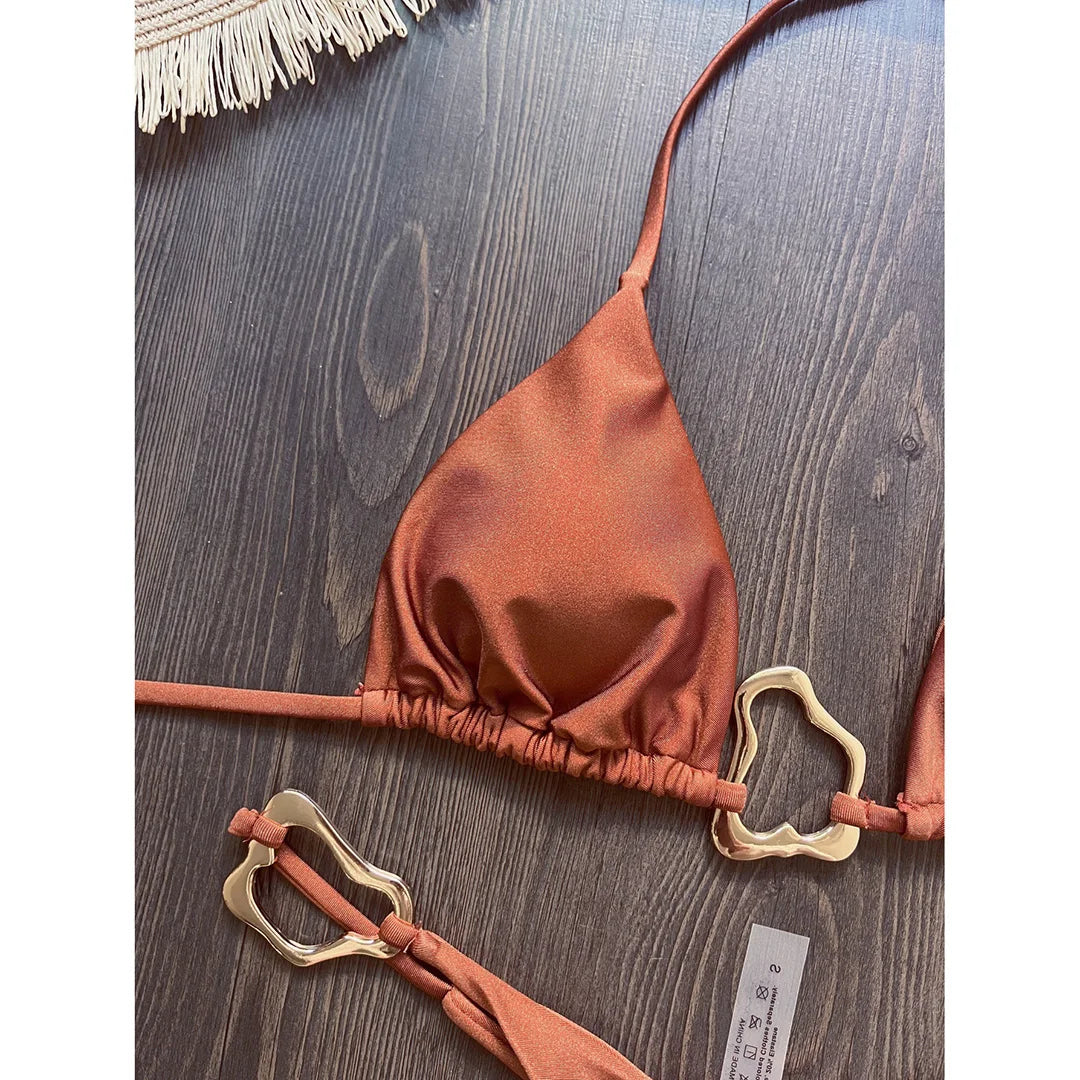 Shiny Metal Ring Halter Mini Thong Bikini Women Swimwear Female Swimsuit Two-pieces Bikini set Bather Bathing Suit Swim V6438