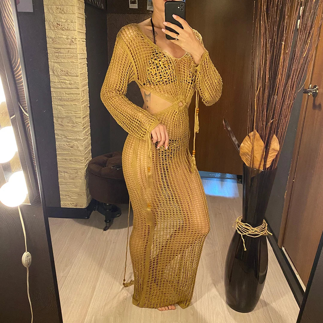 S - XL Long Sleeve Hollow Out Crochet Knitted Tunic Beach Cover Up Cover-ups Beach Dress Beach Wear Beachwear Female Women V5322