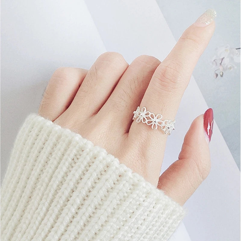 Vintage Rose Flower Rings For Women Korean Style Adjustable  Sakura Princess Finger Ring Bride Wedding Engagement Party Jewelry