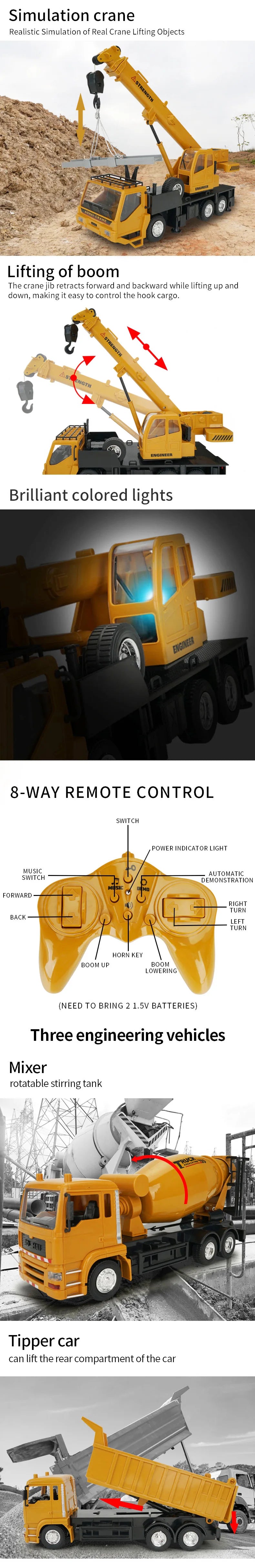 RC Truck 2.4G Remote Control Excavator Engineering Transport Vehicle 1:24 Dump Truck Mixer Heavy Crane Toy Kid Christmas Gift