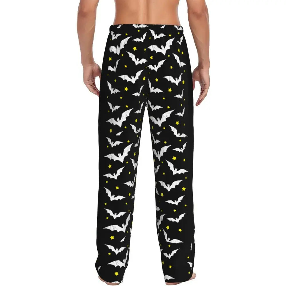 Custom Cute Spooky Halloween Bats Black And Purple Pajama Pants for Men Lounge Sleep Drawstring Sleepwear Bottoms with Pockets