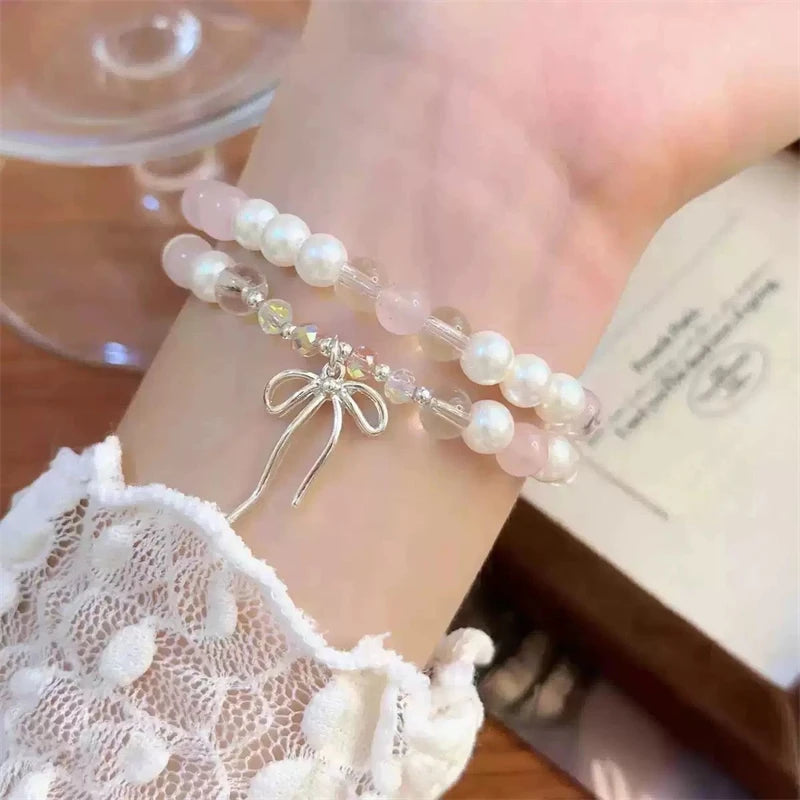 Cute Pink Beaded Imitation Pearl Bracelet For Women Girl Elegant Y2k Sweet Korean Charm Bowknot Bow Jewelry Party Gifts