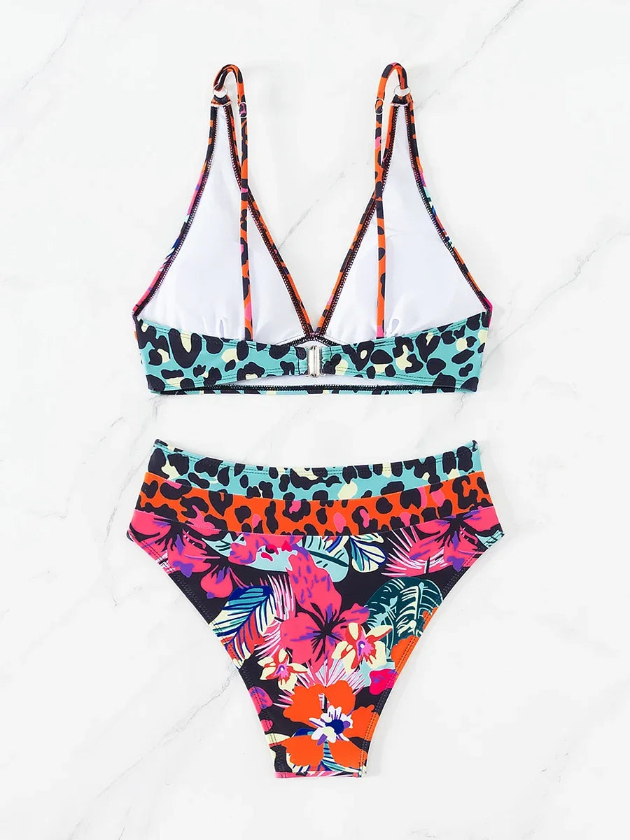 V Neck Bikinis 2024 Women High Waist Swimsuit Print Sexy Swimwear Female Bathers Bathing Swimming Swim Suit Beachwear Summer