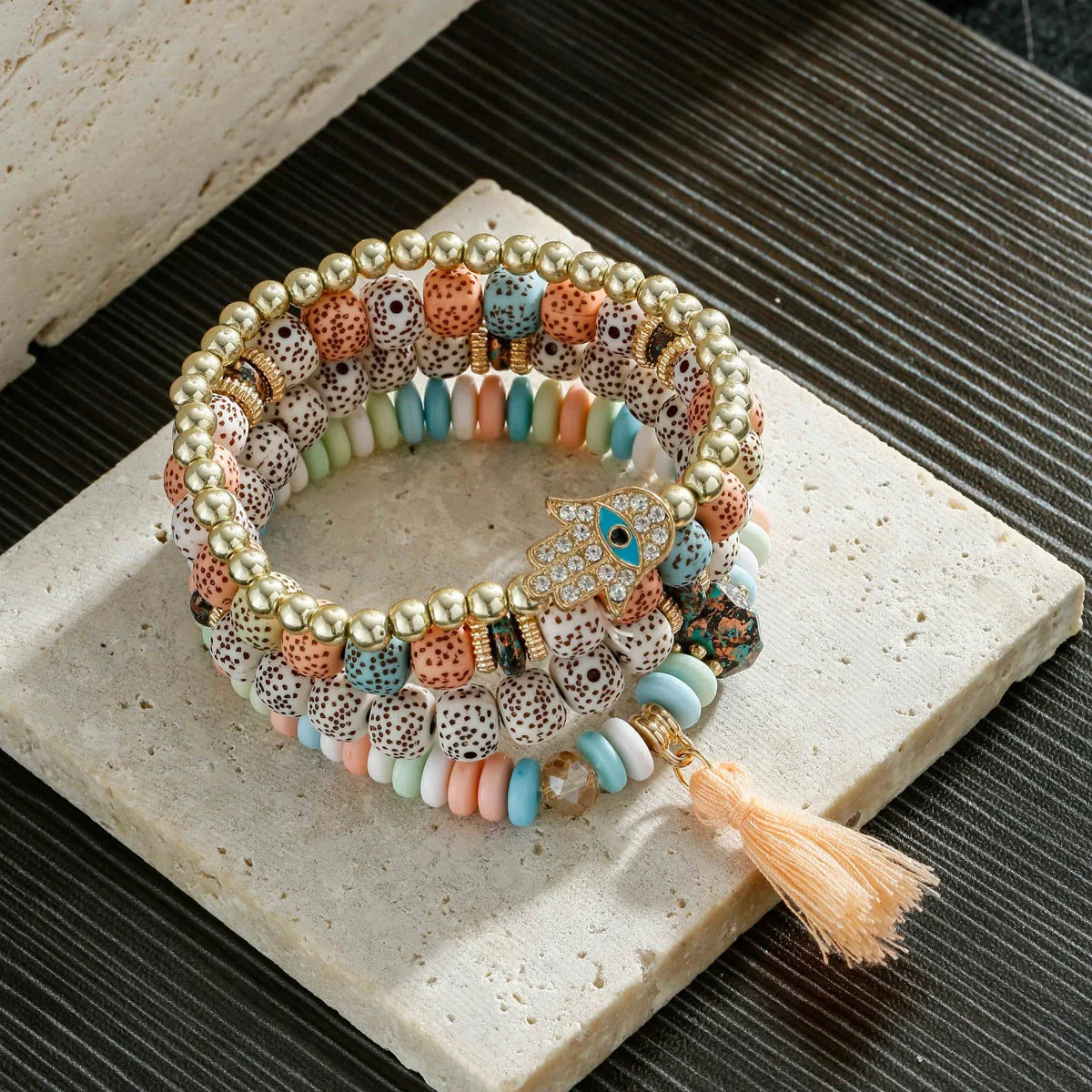 Vintage Bohemia Women Bracelets Set Charm Hand Stone Beads Tassel Pendents Bracelets Pour Les Femmes 4Pcs/Lot