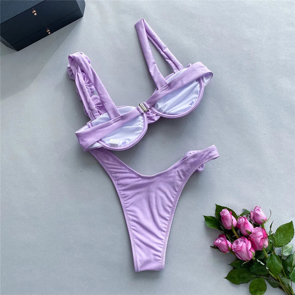 Sexy 3D Flower Rose Red Push Up Bikinis Sets Woman Swimsuit 2025 High Leg Cut Swimwear Underwire Bathing Suit Micro Bikini Mujer