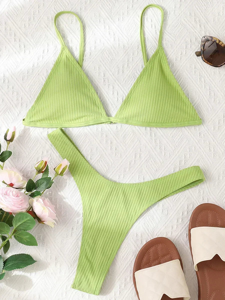 Bandeau Tanga Bikinis Ribbed Bikini 2025 Sexy High Cut Bikini Set Brazilian Swimsuit Thong Swimwear Women Girls Swimming Suit