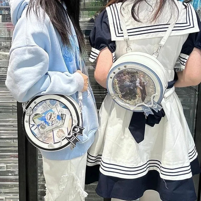 Y2K Cute Nautical Theme Ita Bag Kawaii Girl Transparent Shoulder Bag DIY Display Backpack Students Round Messenger Crossbody Bag