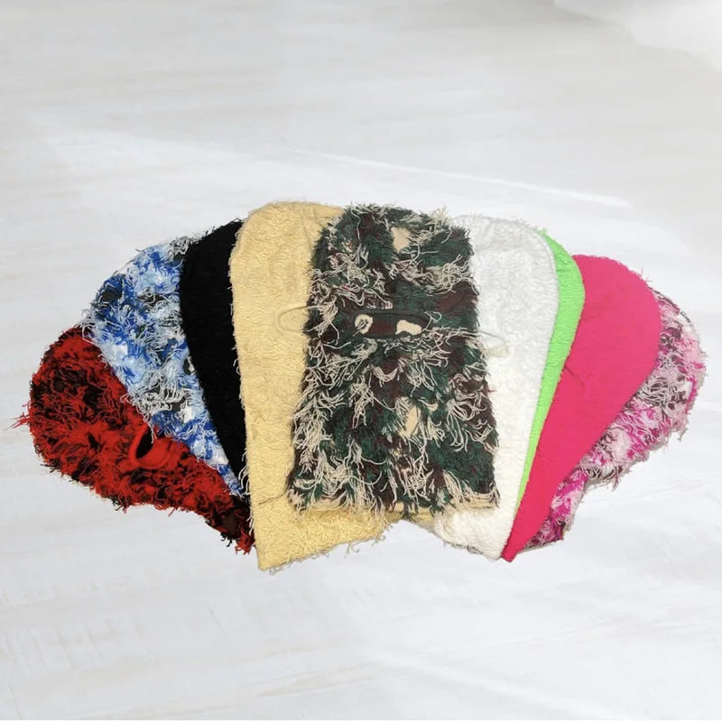 Hip Hop Balaclava Distressed Knitted Caps Full Face Ski Mask Women Outdoor Fleece Fuzzy Ski Balaclava Beanies Men Hat