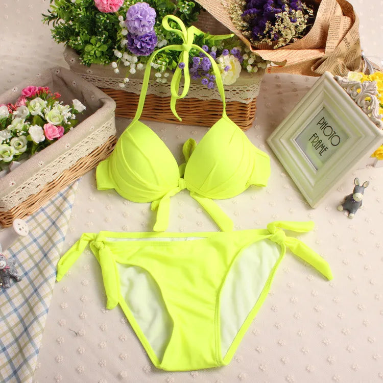 Push Up Bikinis Two Pieces Swimsuit Women Swimwear Neon Green Beach Wear Monokini Bathing Suits Korean Bikini Set Pool 2024