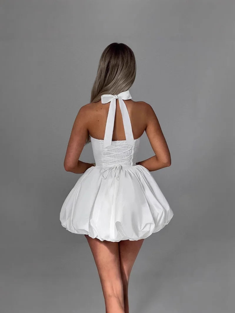 FSMG Sexy Solid Sleeveless Backless Halter Short Skirt Fashion Bow High Waist Slim A-line Dresses Summer Evening Party Vestidos