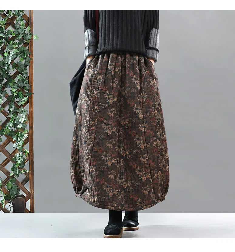 Careaymade New Autumn Winter Print Cotton Skirt Women Elastic Waist Thick Warm Long Skirts Female Loose Vintage Skirts