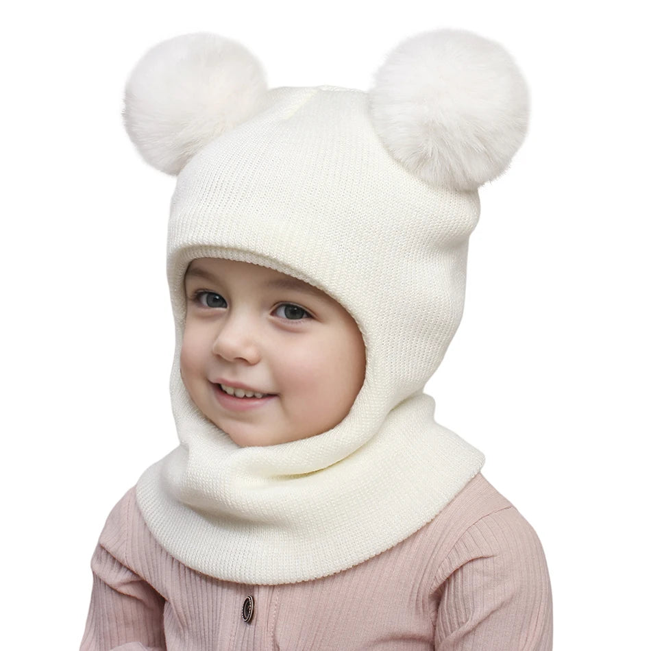 Kids Autumn Winter Pullover Hat Children's Double Ball Ear Protection One-piece Hats Baby Yarn Knit Cap Balaclava Christmas Gift