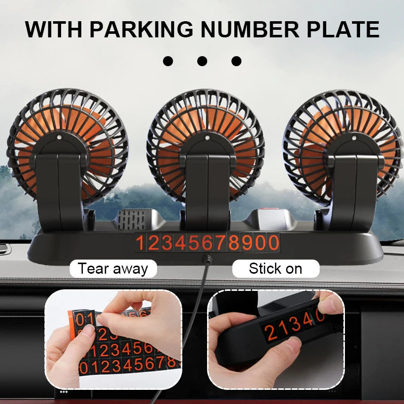 SEAMETAL USB Cooling Fan for Car 360-Degree Rotation 3-Head Electric Fan 2-Speed Silent Motor Fan Universal for Car/Office/Home