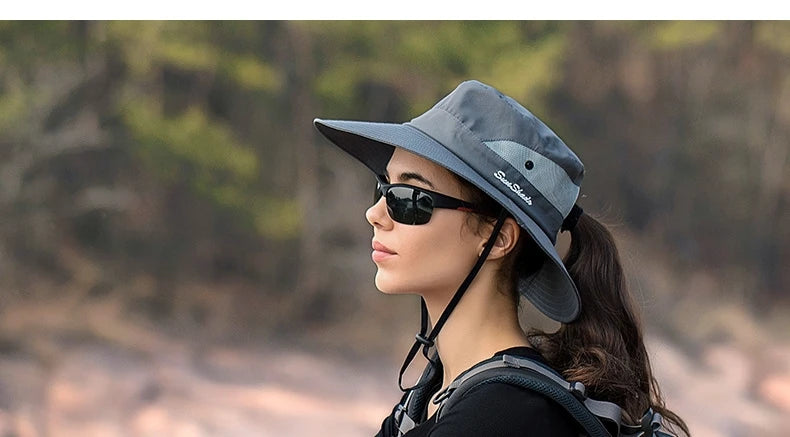 Women Summer Adjustable Bucket Hat with a Ponytail Hole Girls Sun Protection Hiking Cap Parent-child Outdoor Wide Brim Headgear
