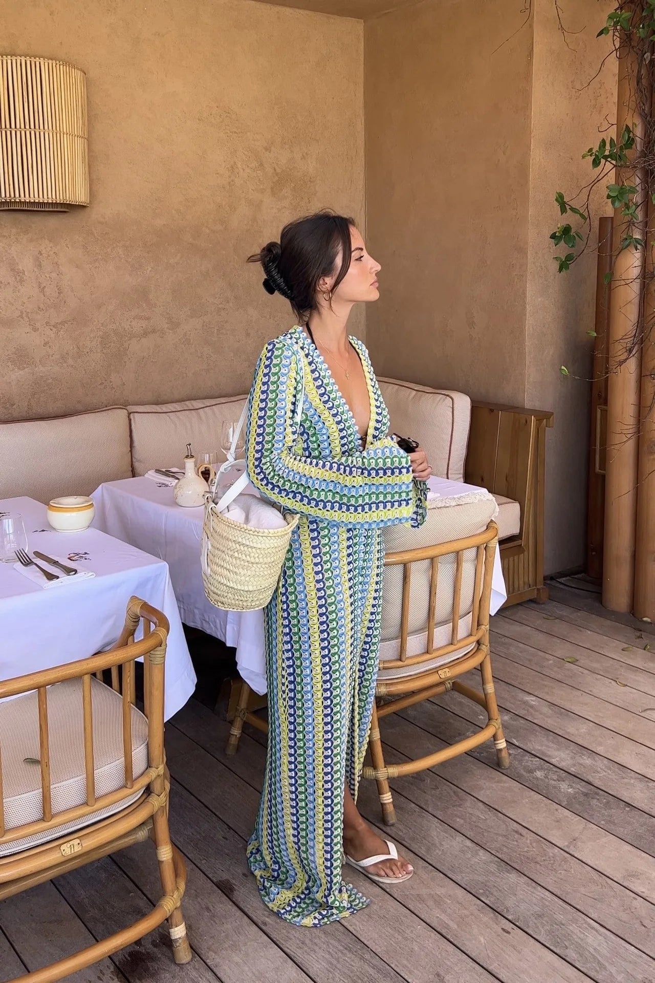 Crochet Colorful Stripe Maxi Dress Women Flare Sleeve V-neck High Split Sexy Long Dresses 2025 New Autumn Beach Banquet Vestidos