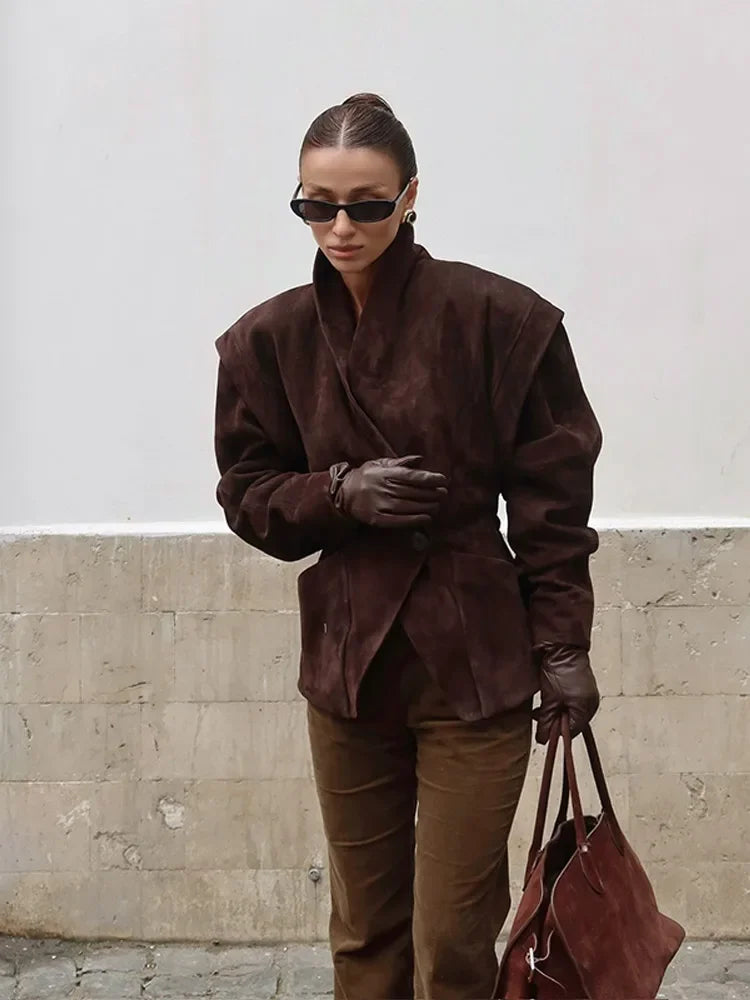 Dark Brown Suede One Button Blazer Women Long Sleeve Wide Shoulders Coat Autumn Highstreet Commute Fashion Solid Lady Outerwears