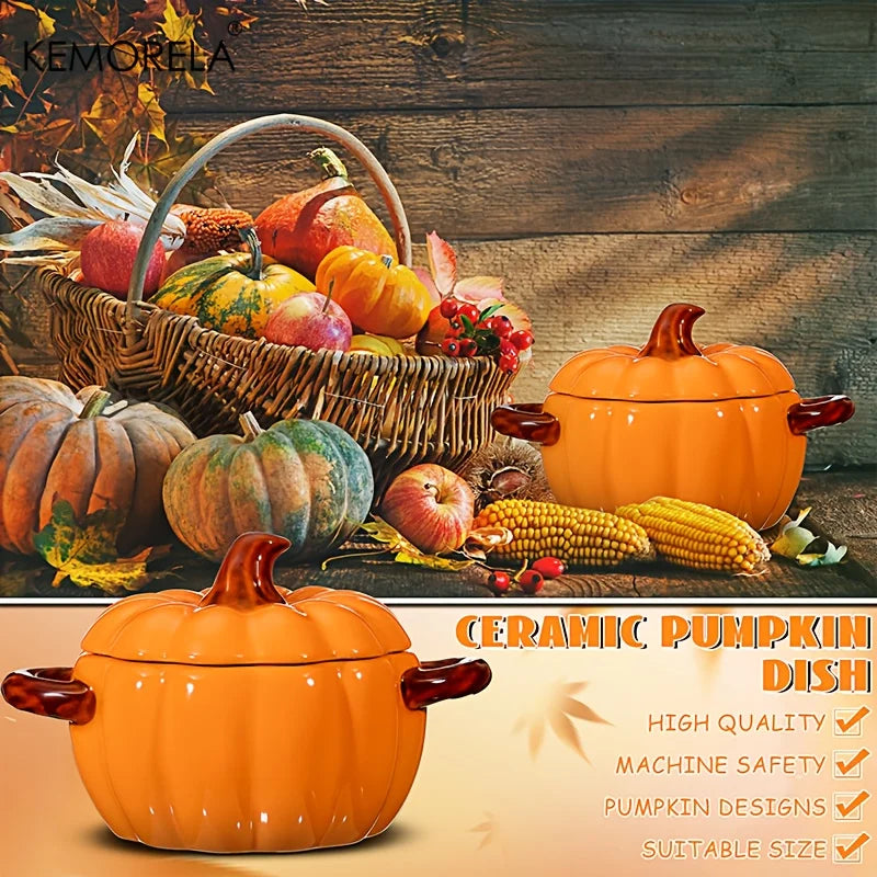 Halloween Pumpkin Bowl Ceramic Pumpkin Casserole Oven-Safe Pot With Lid And Handles, Perfect For Thanksgiving And Halloween