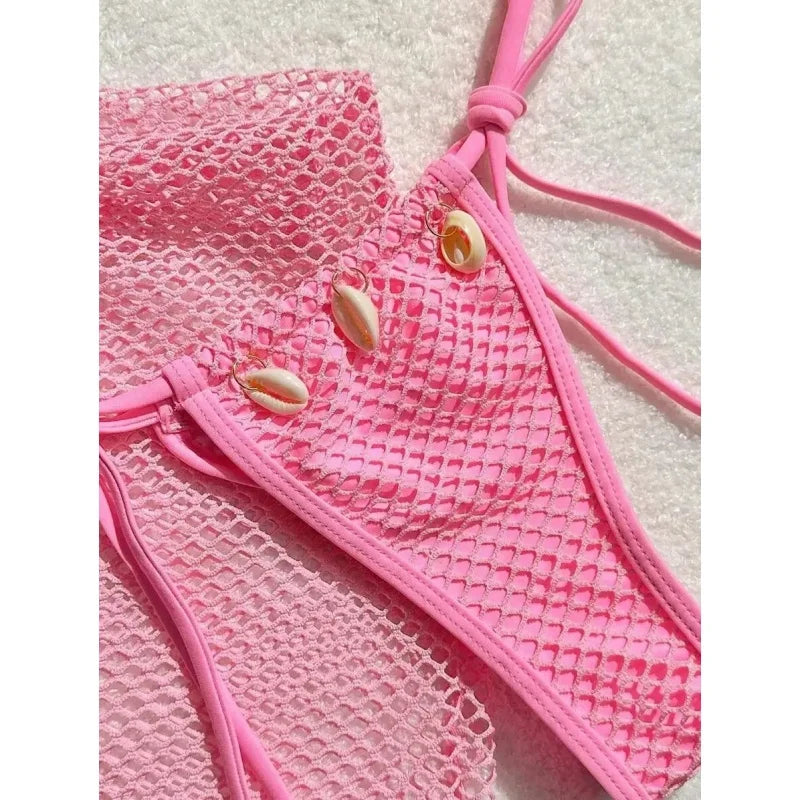 Sexy Bikinis Swimsuits Women 3 Piece Spliced Triangle Halter Backless Bikini Set Bandage Cover Up 2025 New Vacation Beachwear