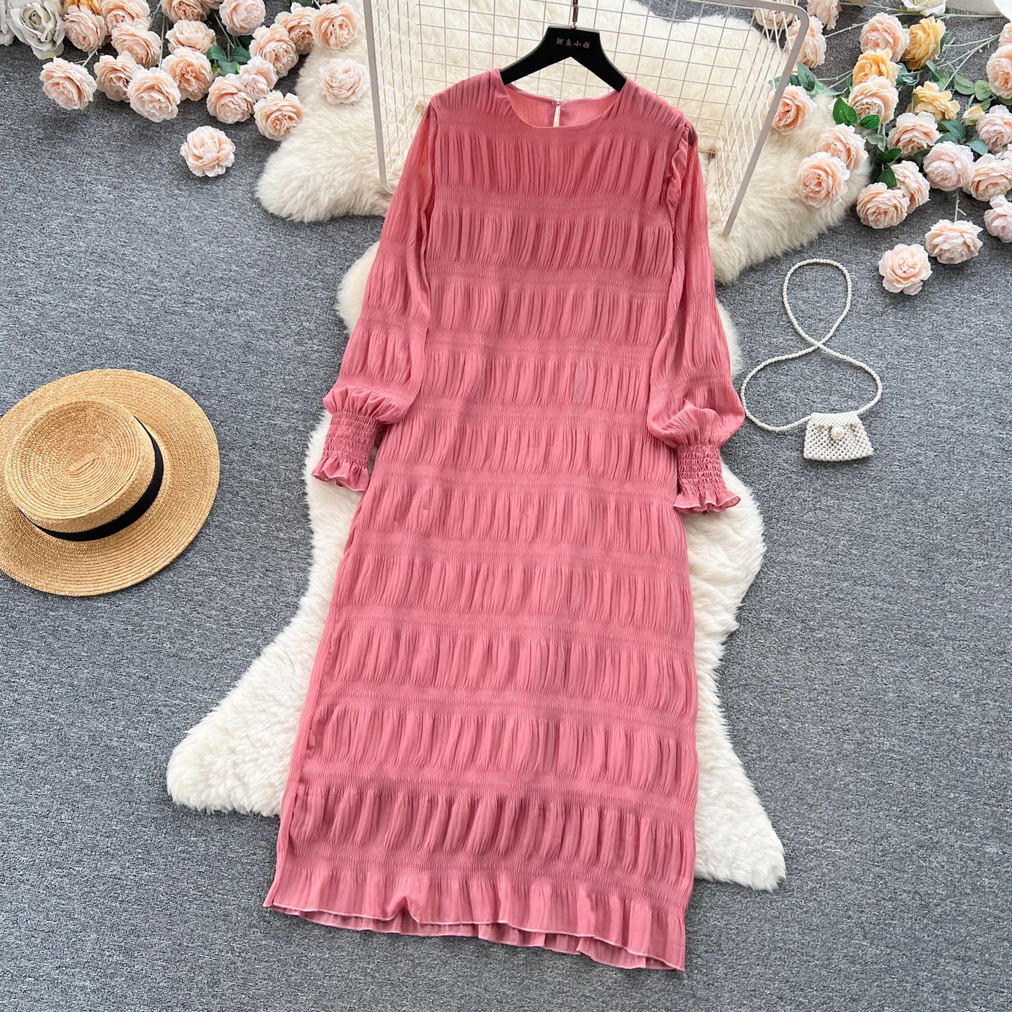 Autumn Vintage Women Draped Loose Midi Dress Elegant Round Collar Puff Long Sleeve Robe Casual Yellow/Burgundy/Green Vestido New