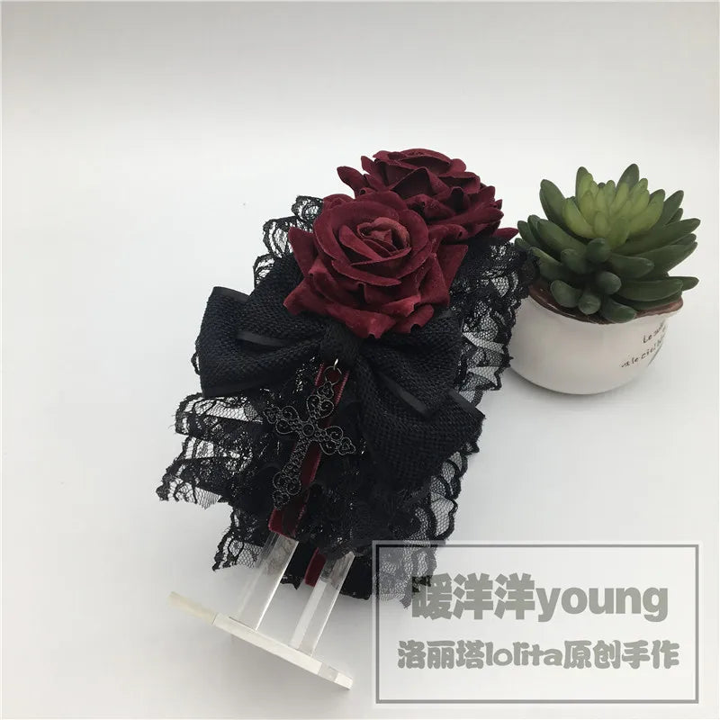 Original Dark Goth Velvet Rose Cross Headband Lolita Headdress Halloween Ornaments Hair Band Hair Accessories For Girls Women