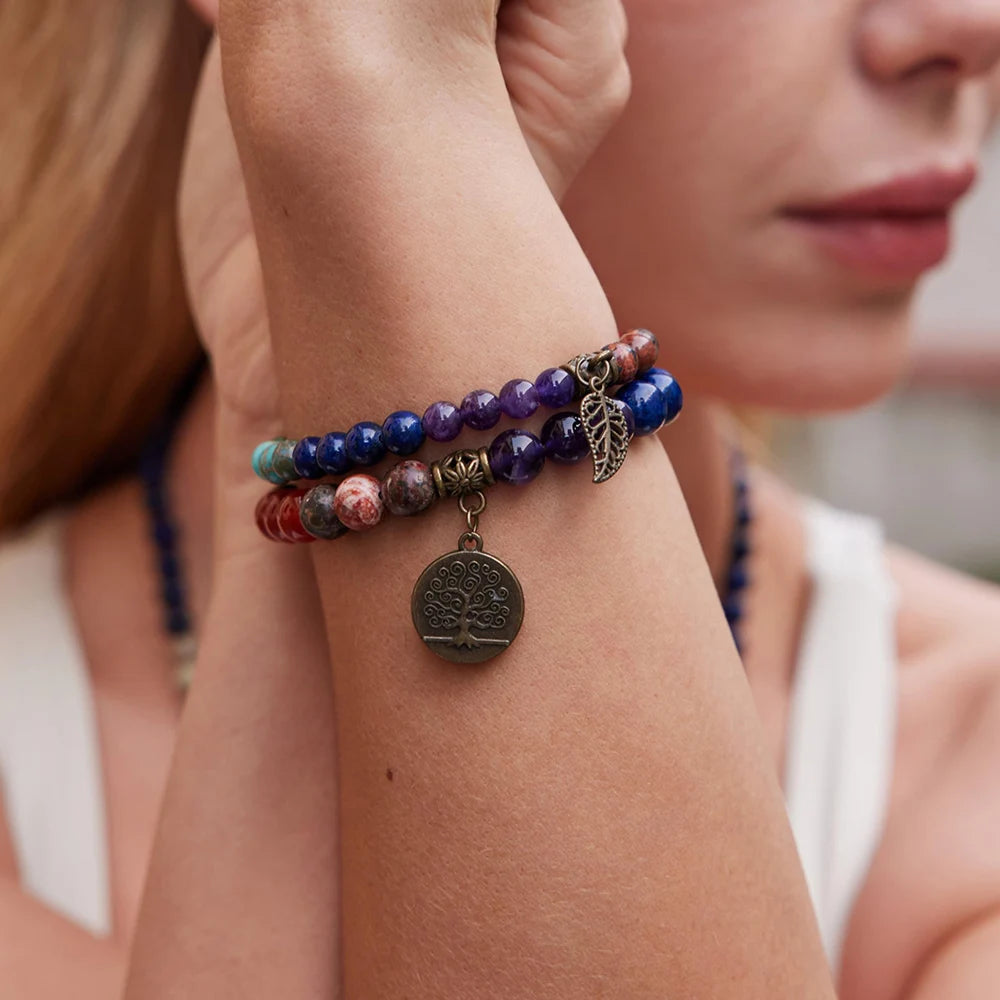 Natural Semi Precious Gemstone Beads Bracelet for Women Life Tree and Leaf Charm Energy Reiki Crystal Stretch Bracelets Jewelry