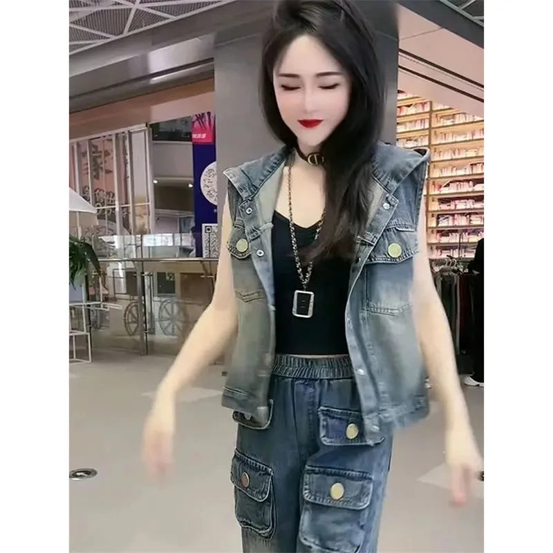 Fashion Fashion Backless Hooded Denim Vest 2025 Spring Summer Autumn New Korean Women's Vest Jacket Sleeveless Denim Jacket Top