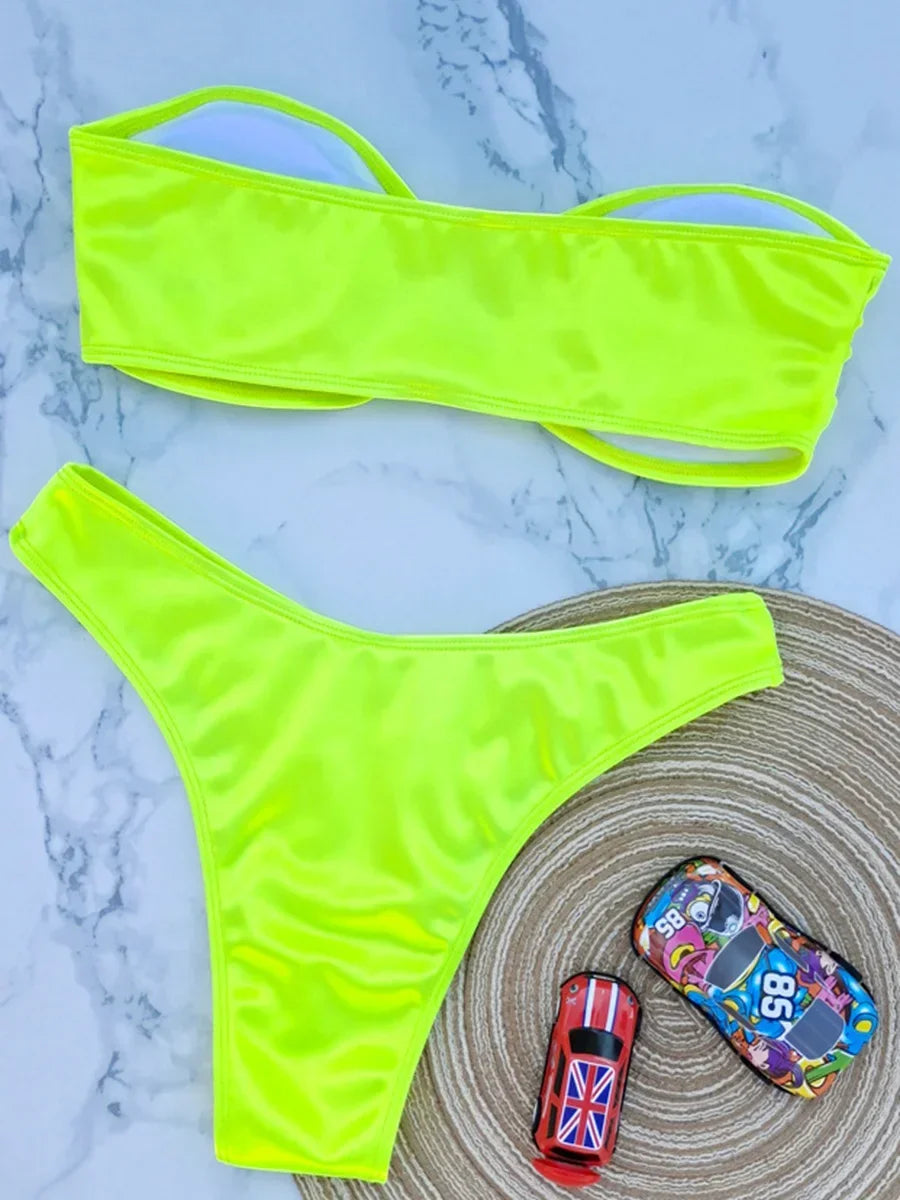 Shiny Bandeau Bikinis 2025 Strapless Bikini Female Swimsuit Women Swimwear Two-pieces Bikini Set High Cut Bathing Suit Swim Lady