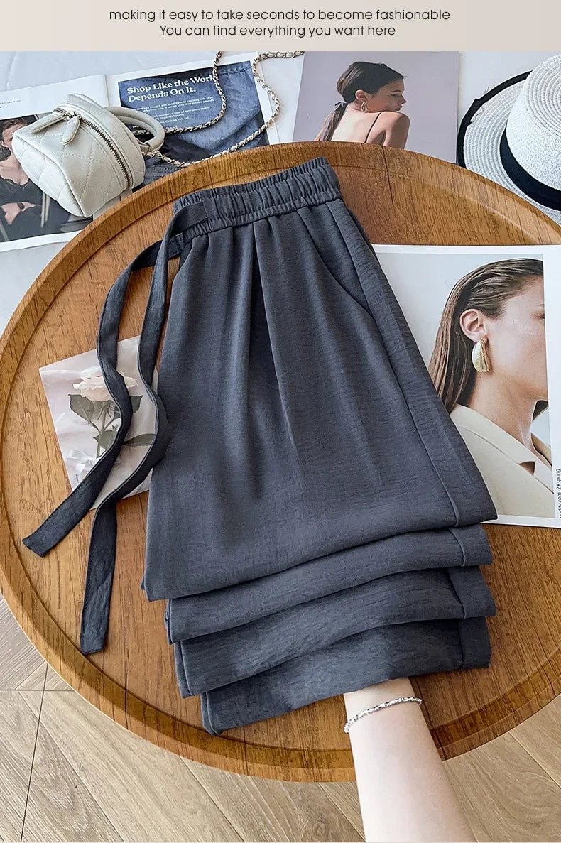 Ice Silk Wide Leg Pants Women's Loose Casual Thin Summer Trousers Small Size Draped Straight Leg Pants Female Fashion