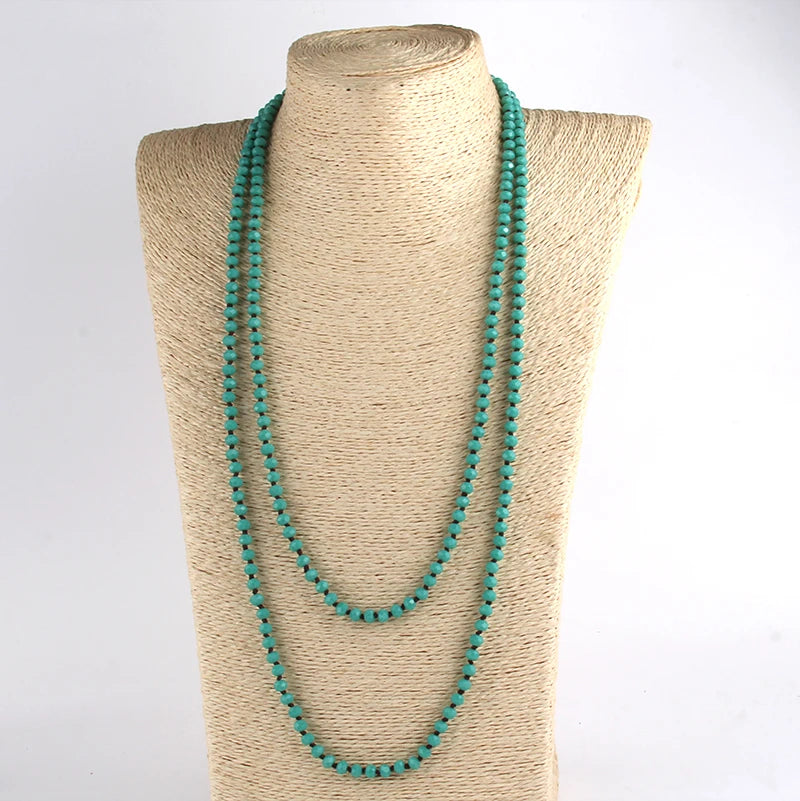 Fashion Bohemian Tribal Jewelry 6mm Crystal Long knotted Glass Crystal Necklace