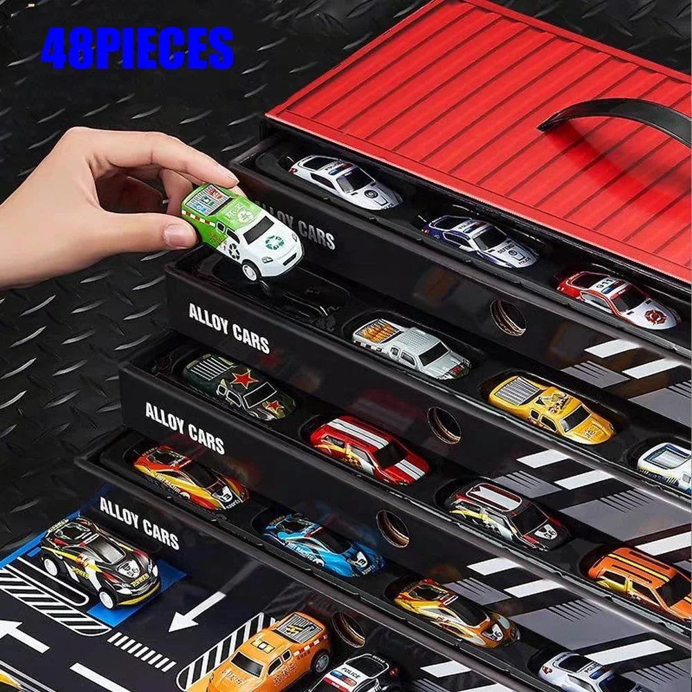 Christmas Gift 48Pieces Alloy Racing Car Models Scale Cars Set Container Storage Toy Metal Trucks Vehicles Model for for Kids