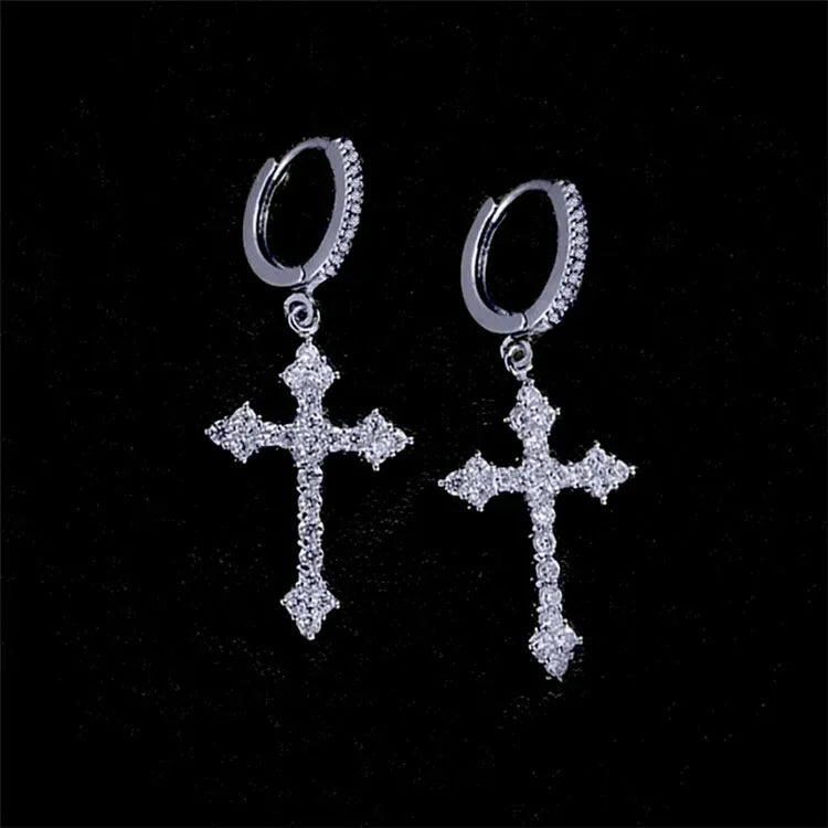 New Trendy Punk Zircon Crystal Cross Earring for Women Men Goth Hip Hop Piercing Black Hoop Earrings Fashion Party Jewelry Gifts