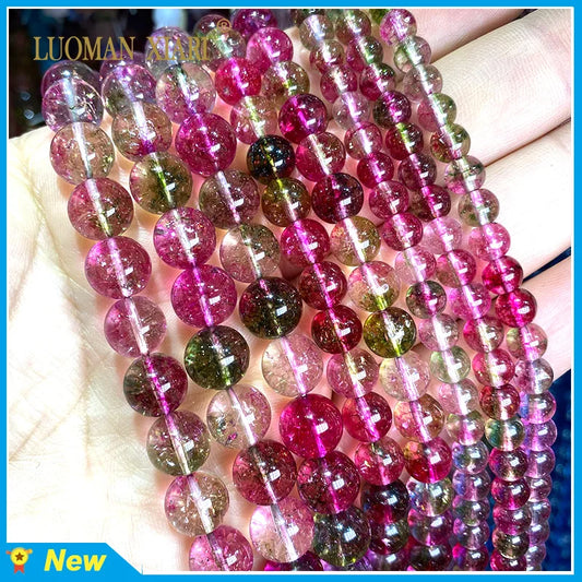 Natural Stone Watermelon Tourmaline Crystal Loose Round Spacer Beads for Jewelry Making Diy Bracelet Accessories 6-10MM 15''