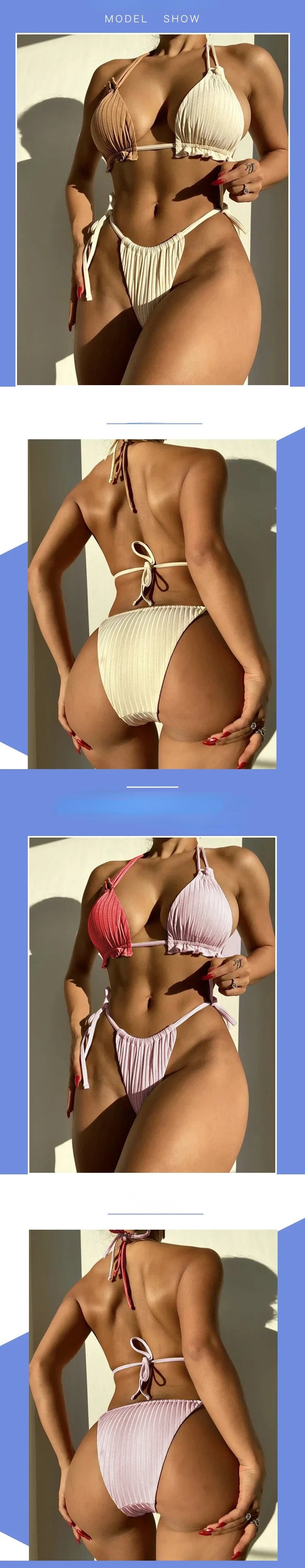 2025 Sexy Bikini Women Swimwear Swimsuit Drawstring Patchwork Pit Stripped Double Straps Halter Bikinis Set Beach Bathing Suit