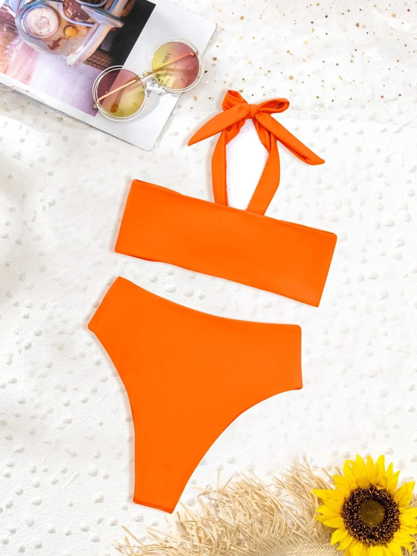 Sexy Front Bow Bikinis Sets Women Orange Blue Bandeau Push Up Two Piece Swimsuit 2025 Cut Out Bathing Suit High Waist Swimwear