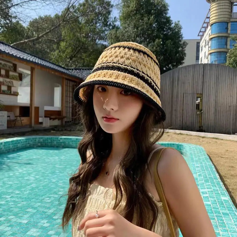 Summer Hollow Knitted Hollow Fisherman Caps Sun Protection Straw Bucket Hat Breathable Crochet Beach Cap Wide Brim Sun Hat